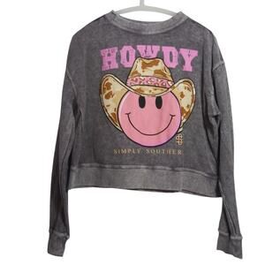 Simply Southern Grey Cow Hat Howdy Long Sleeve Crew Sweatshirt Size S